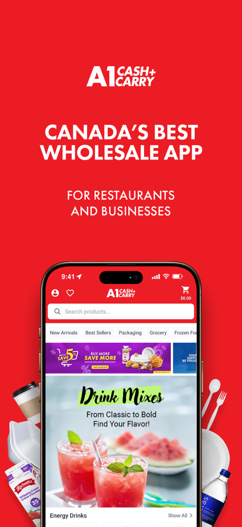 A1 Cash & Carry - A1 Cash and Carry mobile app interface for restaurant and business wholesale shopping