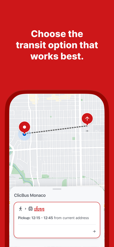 ClicBus Monaco - Map interface of the ClicBus Monaco app showing a selected transit route and pickup window