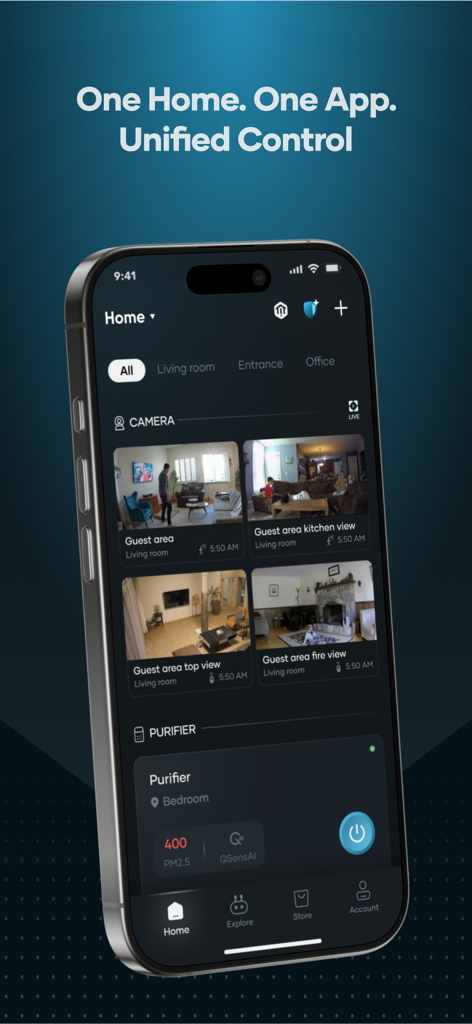Qubo - Painel do aplicativo Qubo mostrando feeds de câmera de segurança e controles de purificador de ar em uma tela de iPhone