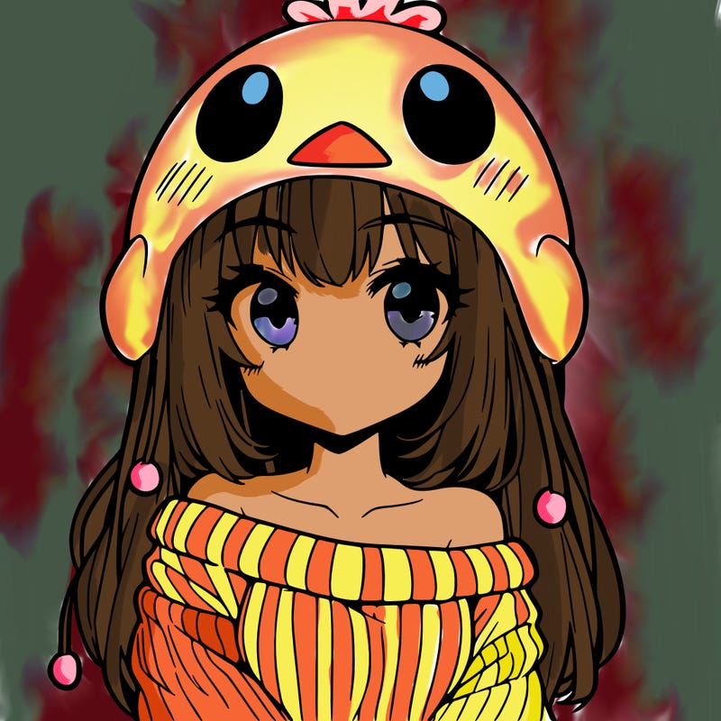 anime girl with chick shaped hat with sweater with bare shoulders with bangs covering them one eye with low tail