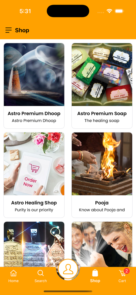 Spiritual products shop in the GD Vashist AstroScience app featuring dhoop soap and yantras