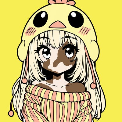 anime girl with chick shaped hat with sweater with bare shoulders with bangs covering them one eye with low tail
