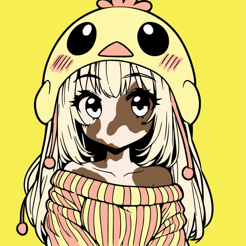 anime girl with chick shaped hat with sweater with bare shoulders with bangs covering them one eye with low tail