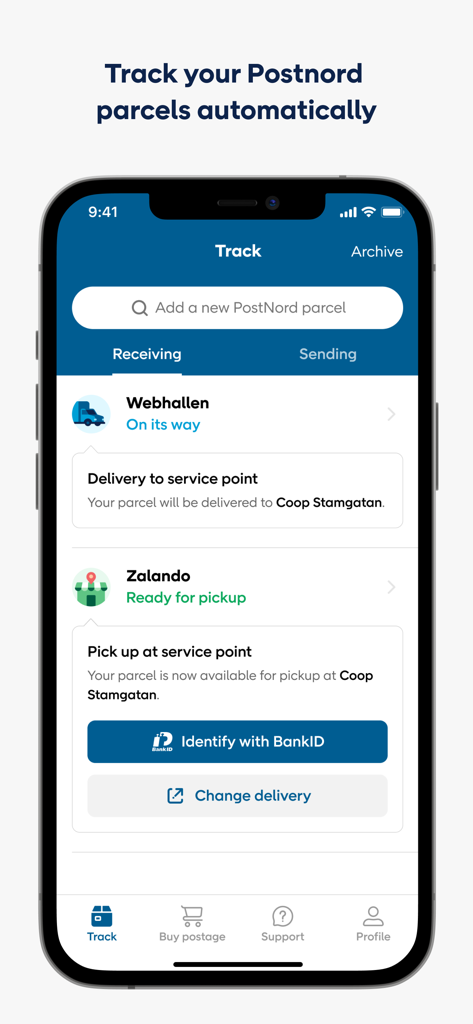 PostNord mobile app screenshot showing the parcel tracking interface with incoming delivery status and pickup information.