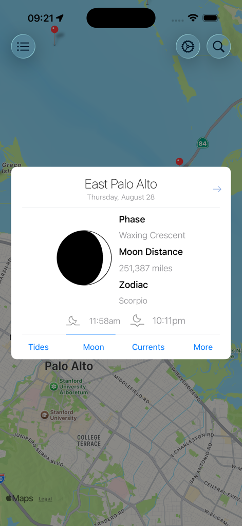 My Tide Times app showing moon phase distance and zodiac info for East Palo Alto
