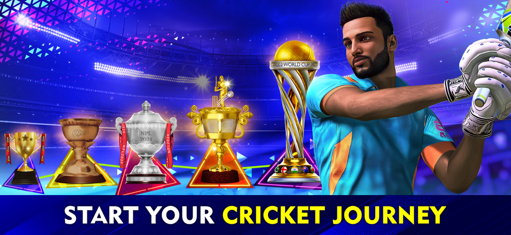 A professional cricket player standing in a stadium next to several gold and silver championship trophies with the text start your cricket journey