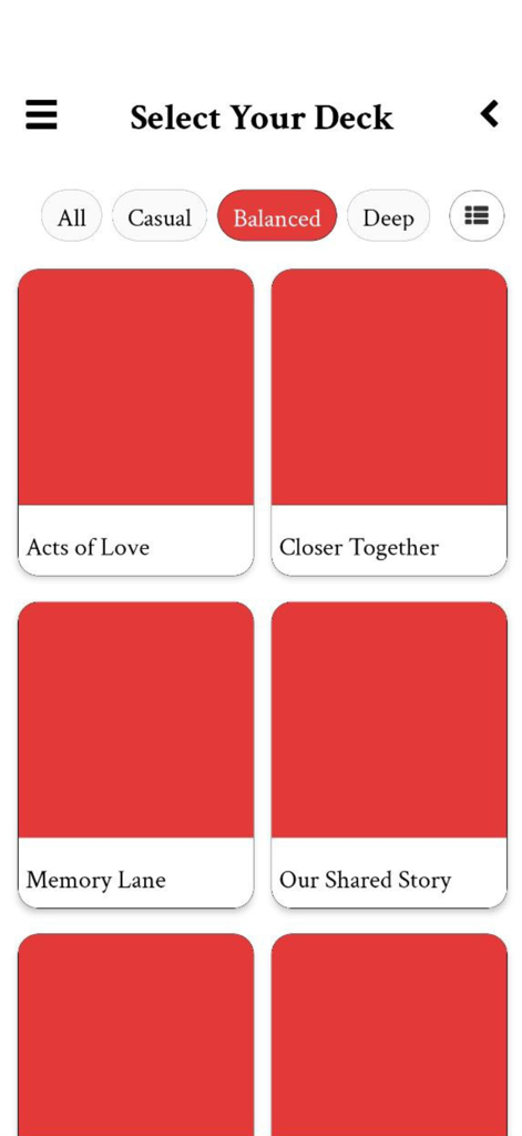 Cairds app interface for selecting conversation starter decks in balanced mode featuring titles like Acts of Love and Closer Together