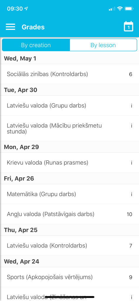 A list of student grades and school subjects organized by date in the Mykoob mobile application