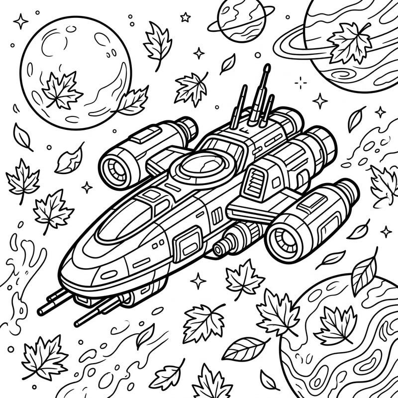 Explore the wonders of the cosmos and the beauty of fall with this unique deep space craft coloring page. It's an imaginative blend of futuristic technology and autumnal charm, perfect for creative minds.