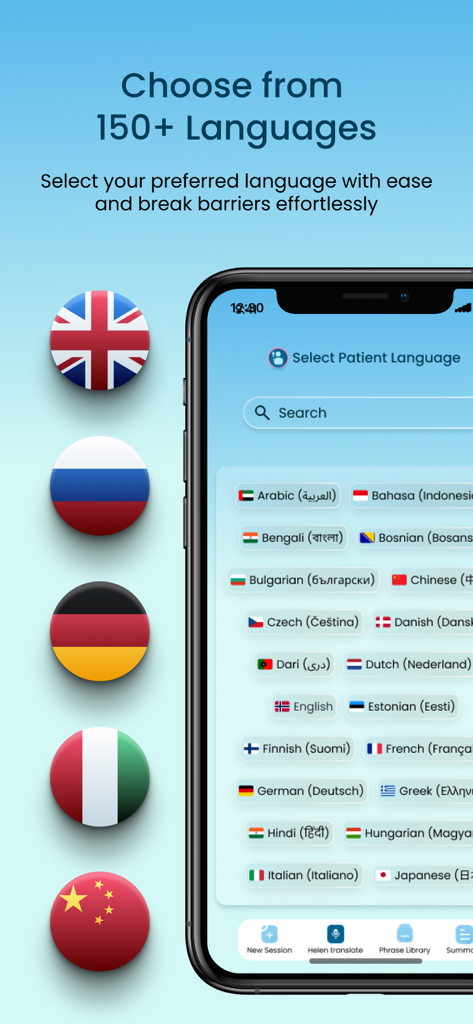 Interface de l'application de traduction médicale Helen Assistant montrant une liste de plus de 150 langues dont l'arabe, le chinois et le français.