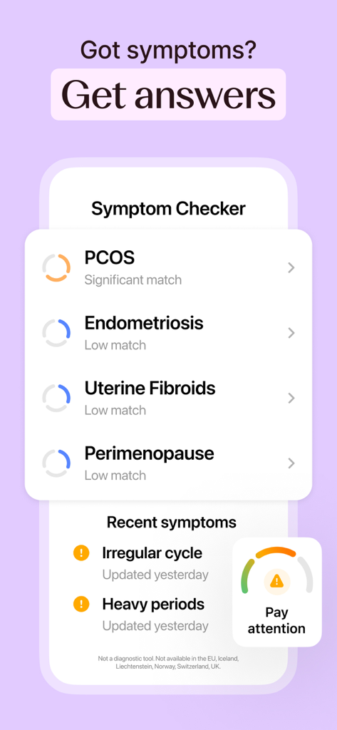 Flo app symptom checker screen showing match results for health conditions like PCOS and endometriosis.