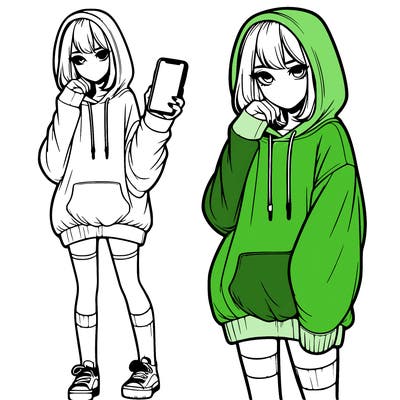 realistic girl who looks tired and is wearing an oversized hoodie and knee high socks and is holding a phone
