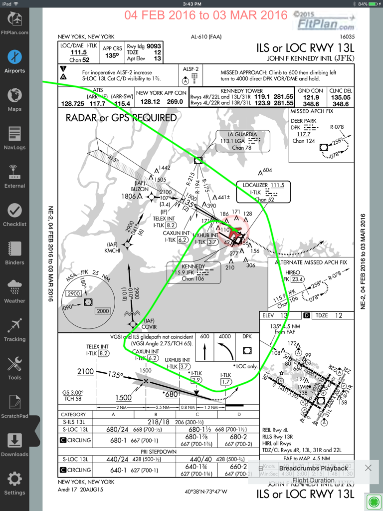 FltPlan Go - FltPlan Go iPad app displaying a JFK airport ILS approach plate with a green breadcrumb flight path overlay