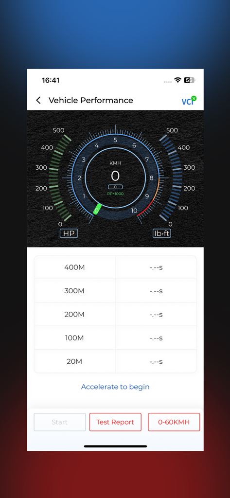 TopGuru - Tableau de bord de l'application TopGuru affichant les métriques de performance du véhicule en temps réel et les résultats des tests d'accélération.