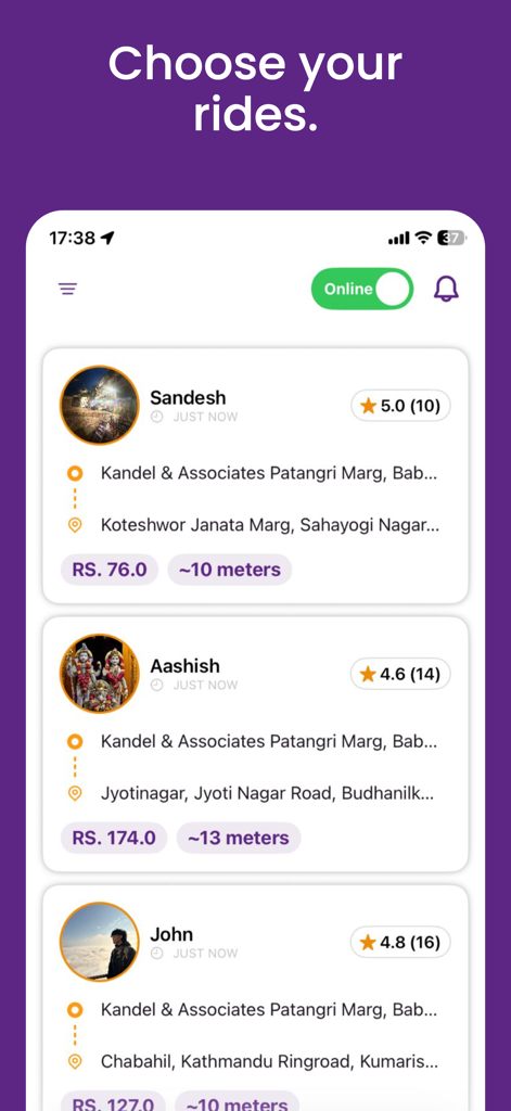 Sajilo Rider - Sajilo Rider app interface displaying a list of incoming ride requests with customer names ratings and trip details