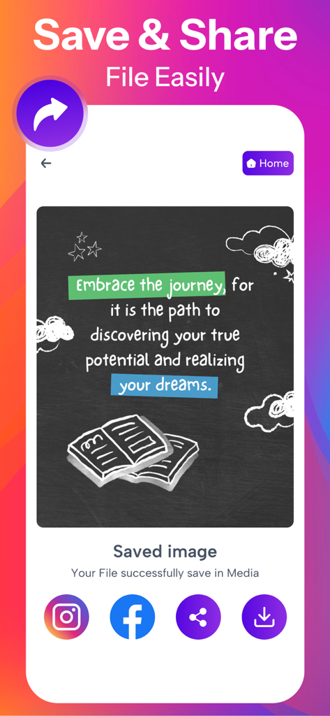 Quotes Creator - Flyer Maker - Social media sharing screen for a custom motivational quote image