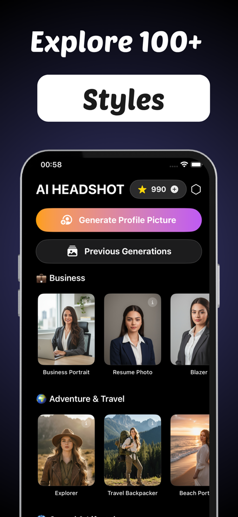 Professional AI Headshot PRTRX - Una interfaz de aplicación móvil que muestra varios estilos de retratos con IA, incluyendo categorías de negocios y aventura