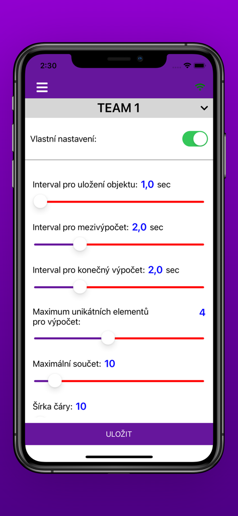 Painting calculator - Pantalla de configuración personalizada en la aplicación Calculadora de Pintura con controles deslizantes para parámetros de matemáticas y dibujo