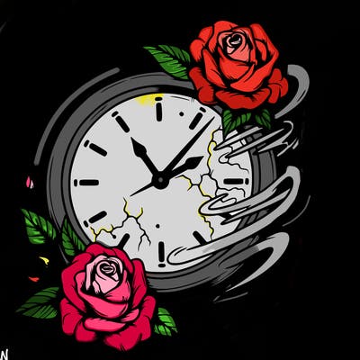 a realistic the clock that appears to be fading away with wilting roses