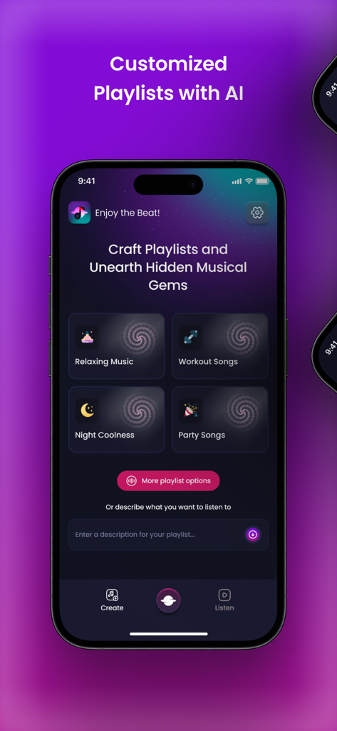 Playlist Maker AI : PlaylistAI - Interface of PlaylistAI app showing options to create customized music playlists based on moods like relaxation workout and party