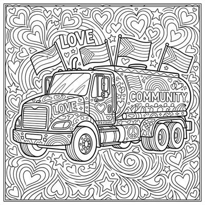 Celebrate the spirit of Pride Month with this unique water tender truck coloring page, adorned with symbols of love and community. Express your creativity and bring this vibrant scene to life with a splash of color.
