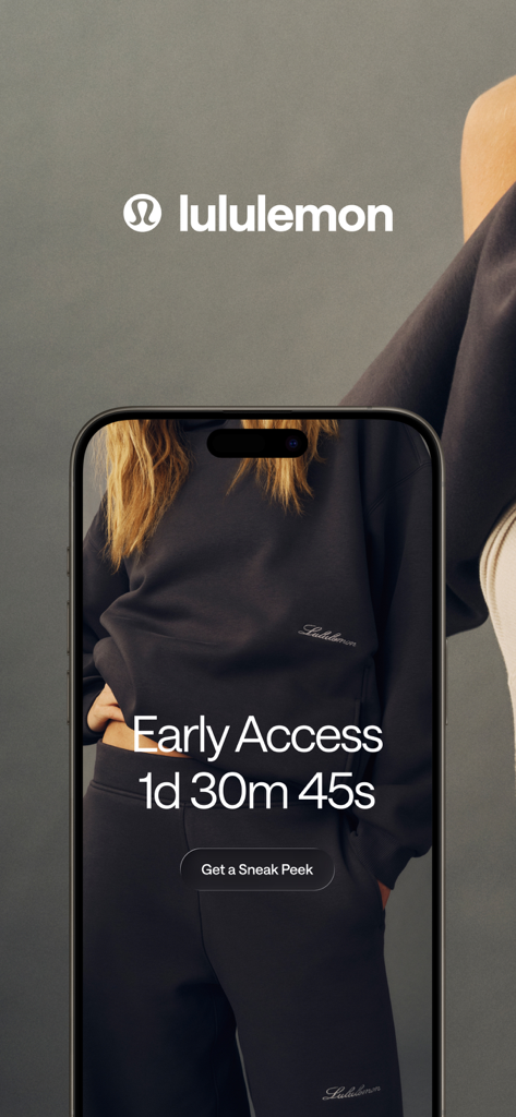 lululemon - Lululemon mobile app interface showing an early access countdown and sneak peek for exclusive technical apparel