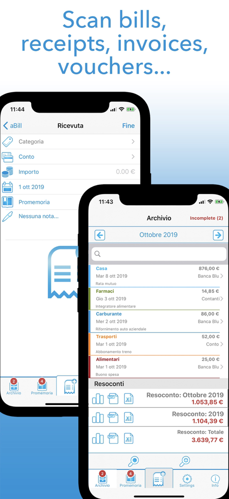 aBill mobile app interface for scanning and managing receipts on iPhone