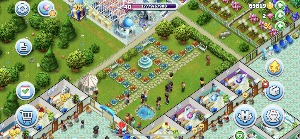 My Hospital: Decorate and Heal - 분수대가 있는 장식용 정원과 환자들이 있는 치료실을 보여주는 병원 시뮬레이션 게임의 탑다운 뷰.