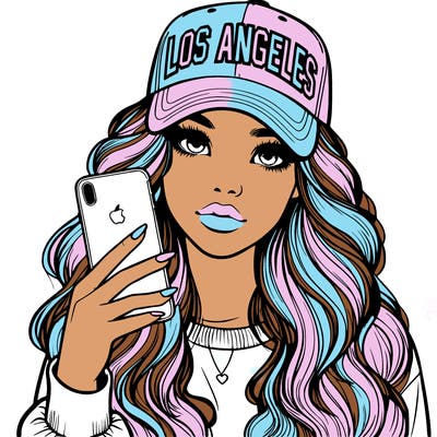 realistic beautiful girl wearing los ángeles cap holding an iphone