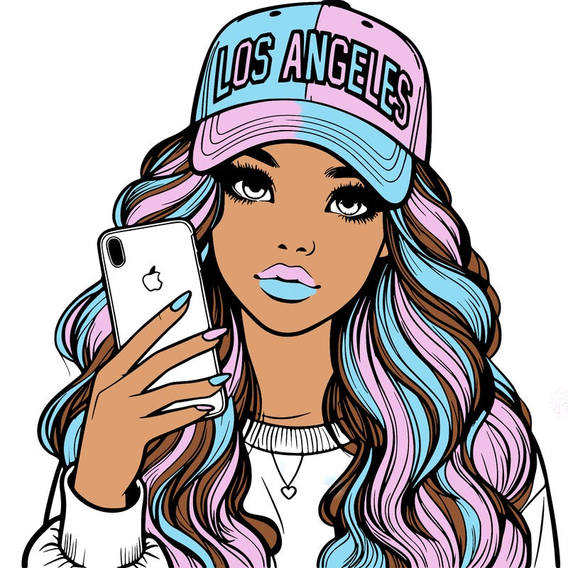 realistic beautiful girl wearing los ángeles cap holding an iphone