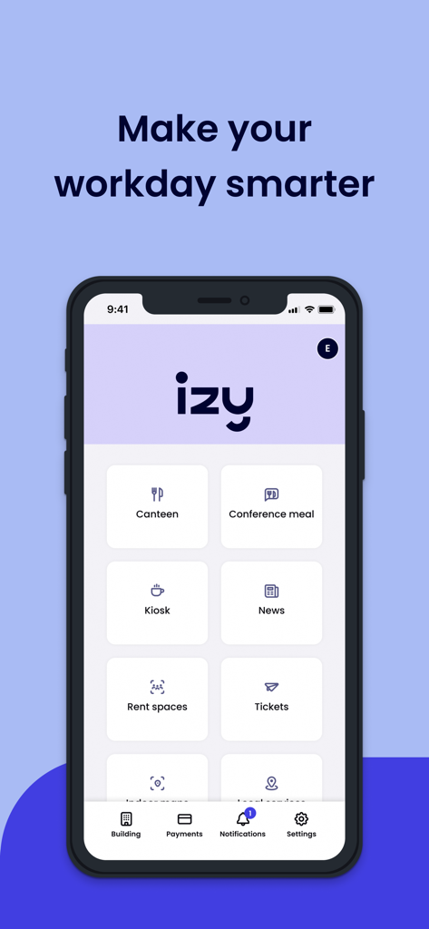 Izyアプリのインターフェース。社員食堂やニュースを含むワークプレイスサービスを表示。