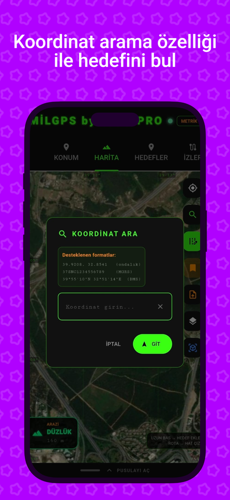 MilGPS PRO - MilGPS PRO app interface showing the coordinate search feature for military and tactical navigation.