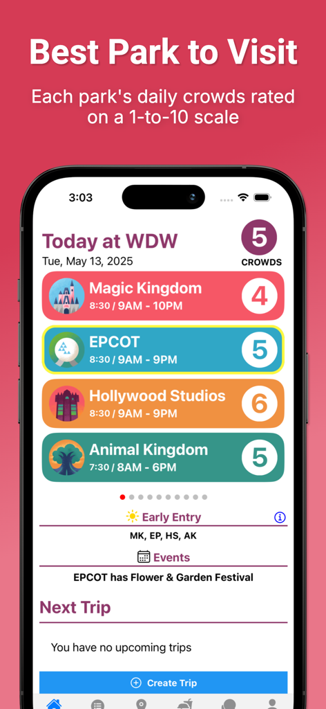 Disney World Lines app showing daily crowd ratings and park hours for Walt Disney World parks