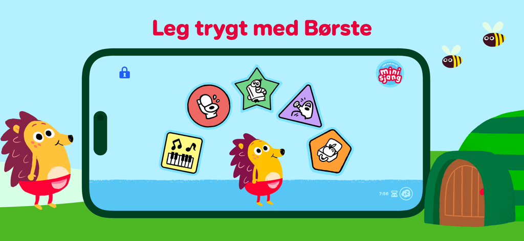 DR Minisjang app home screen with Børste the hedgehog and game icons