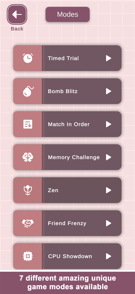 A menu screen showing seven different game modes for Flip The Tile matching game including Timed Trial Bomb Blitz and Zen mode