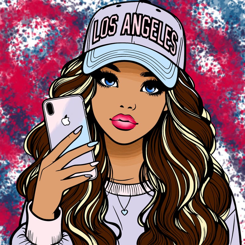 realistic beautiful girl wearing los ángeles cap holding an iphone