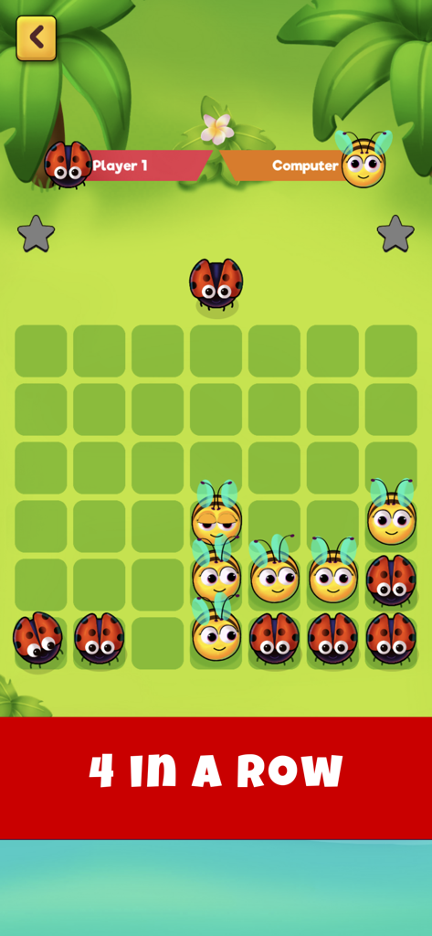 Gameplay screenshot of 4 In A Row with ladybug and bee pieces against a computer opponent