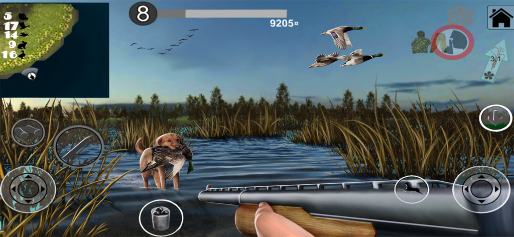 A first person perspective of a duck hunt in a marsh with a shotgun and a dog companion retrieving a bird