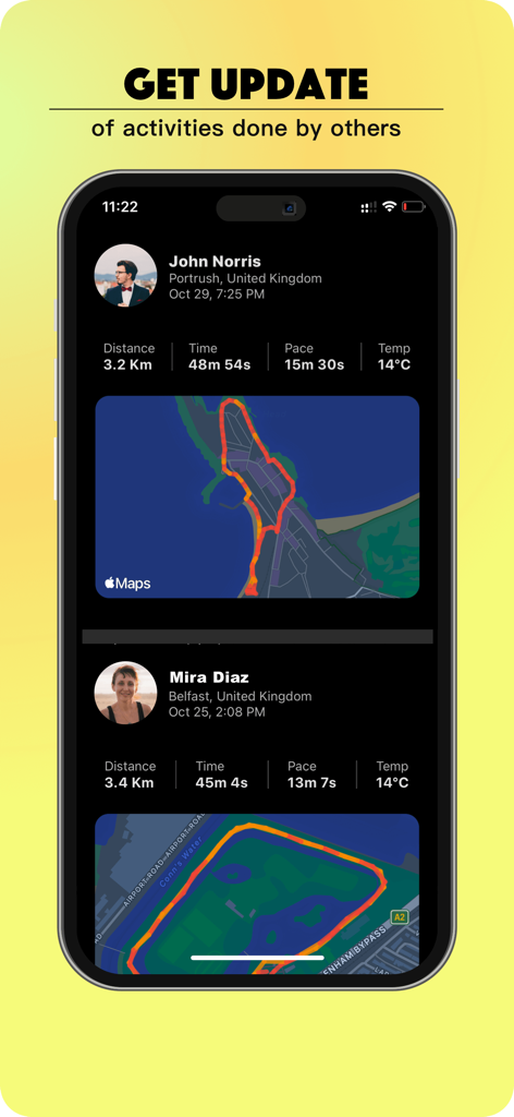 Feed de atividades sociais no aplicativo fitAnalytica exibindo estatísticas de fitness da comunidade e rotas de caminhada.