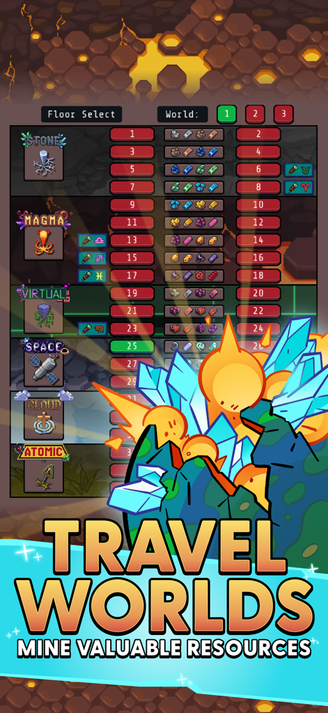 Idle Obelisk Miner - Travel worlds screen in Idle Obelisk Miner showing floor selection and resources for different environments like Stone Magma and Space
