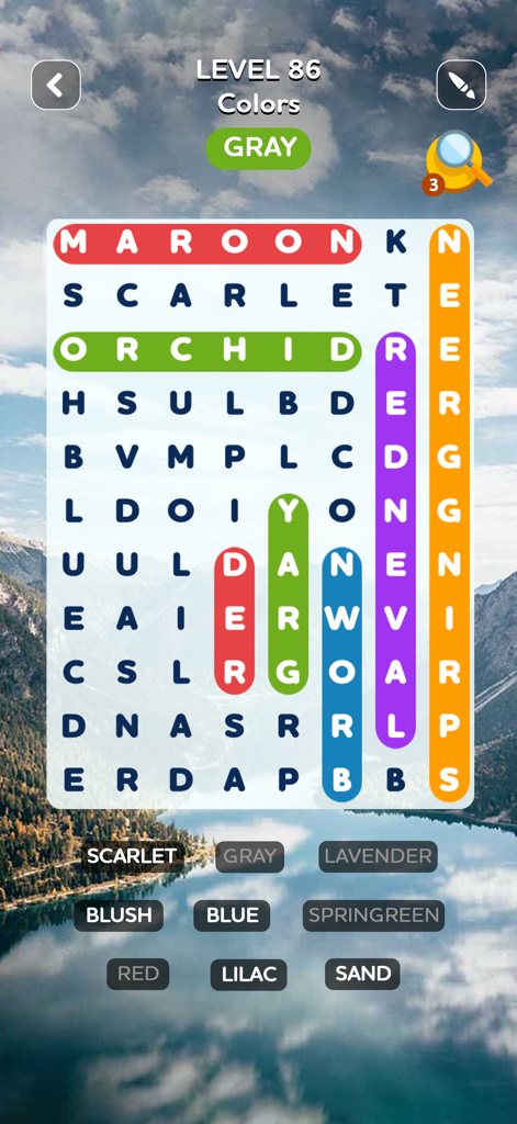 Word Search Quest Puzzles - Word Search Quest Puzzles gameplay showing level 86 with a color-themed word grid and a scenic lake background.