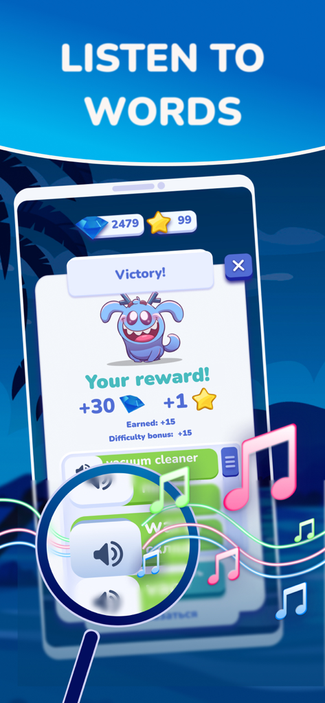 Victory screen in the Learn English with Momo app showing a rewarded character after a listening game