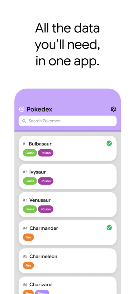 Pokopedia app Pokedex list with tracked Pokemon and their types
