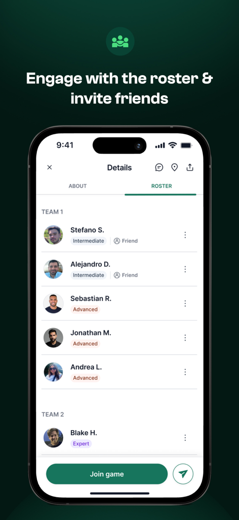 Plei app screen showing a list of players and their skill levels for a pickup soccer match