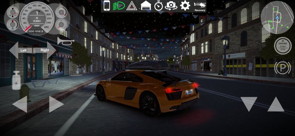 European Luxury Cars - Orange luxury sports car with a roof box cruising a European city at night
