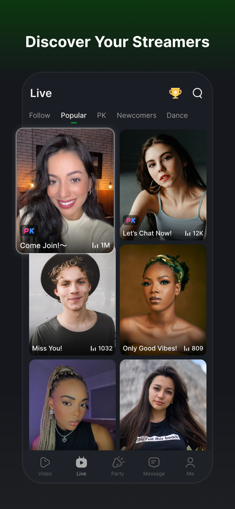 Alii-Elite Streamers, Vibes! - The discovery interface of the Alii app showing a grid of diverse live streamers with profile photos and stream titles.