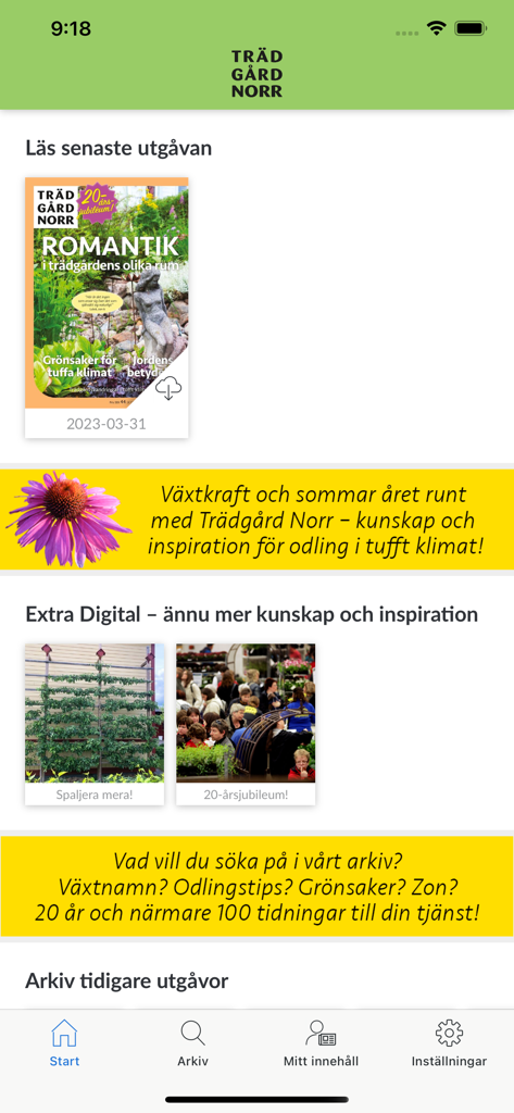 Trädgård Norr - Home screen of the Tradgard Norr app showing the latest gardening magazine issue and a searchable digital archive.