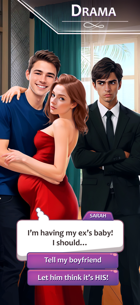 Decisionsアプリで、妊娠中の女性がボーイフレンドに真実を話すか、赤ちゃんの父親について嘘をつくかの選択を迫られるドラマチックなストーリー選択