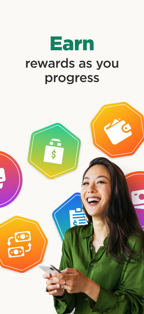 A smiling young woman using her smartphone to earn rewards for her progress on the Zogo app