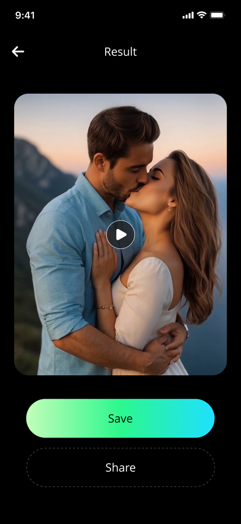 Ai Kiss Video Maker : Picfy - Une capture d'écran de l'écran de résultat dans l'application Picfy montrant un aperçu d'une vidéo générée par IA d'un couple s'embrassant avec des boutons de sauvegarde et de partage.